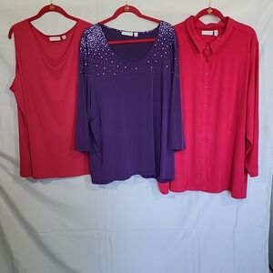 Lot 3 Susan Graver Slinky Tops Shirts Women's 3X Pink Purple Bold Bright Slinky